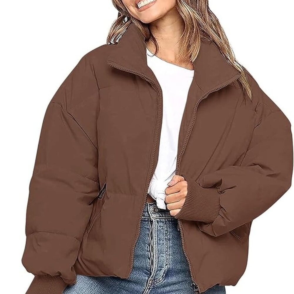 ZESICA Cropped Puffer Jacket – Zip Up, Drawstring, Long Sleeve, Warm Winter Coat